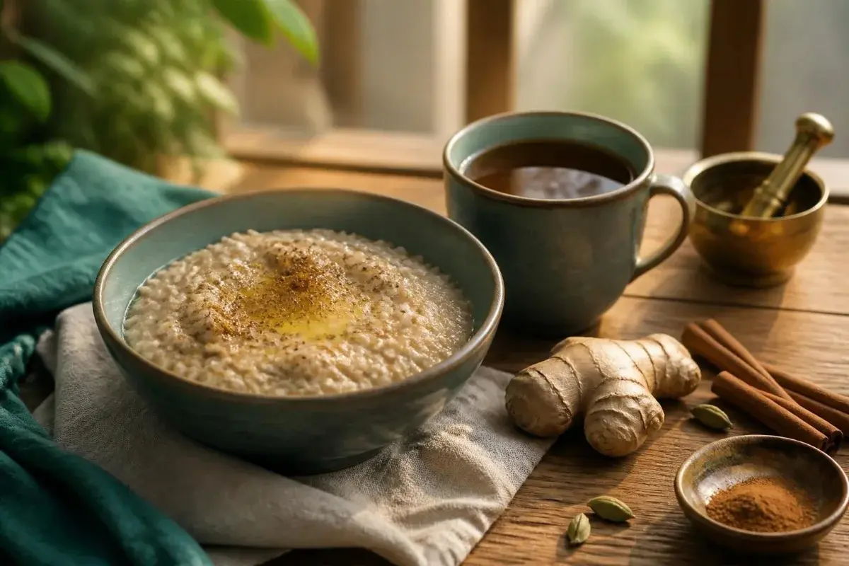 Ayurvedic daily routine (dinacharya): warm cooked breakfast, ginger and spiced tea to balance your dosha