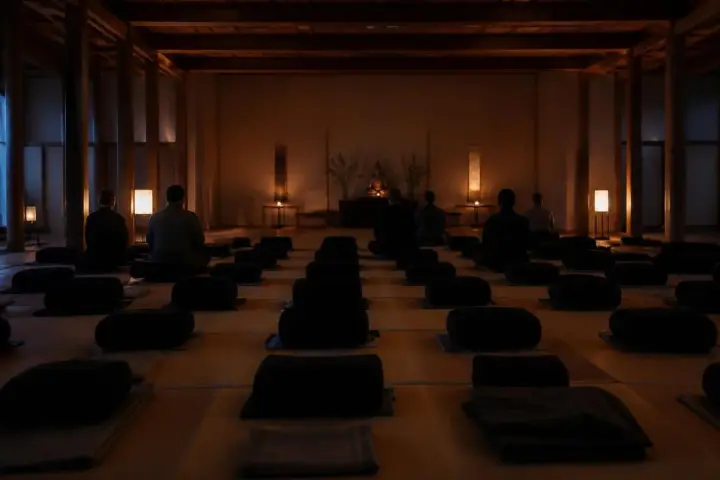 Goenka Vipassana 10-day course: rows of meditation cushions in a silent hall before dawn