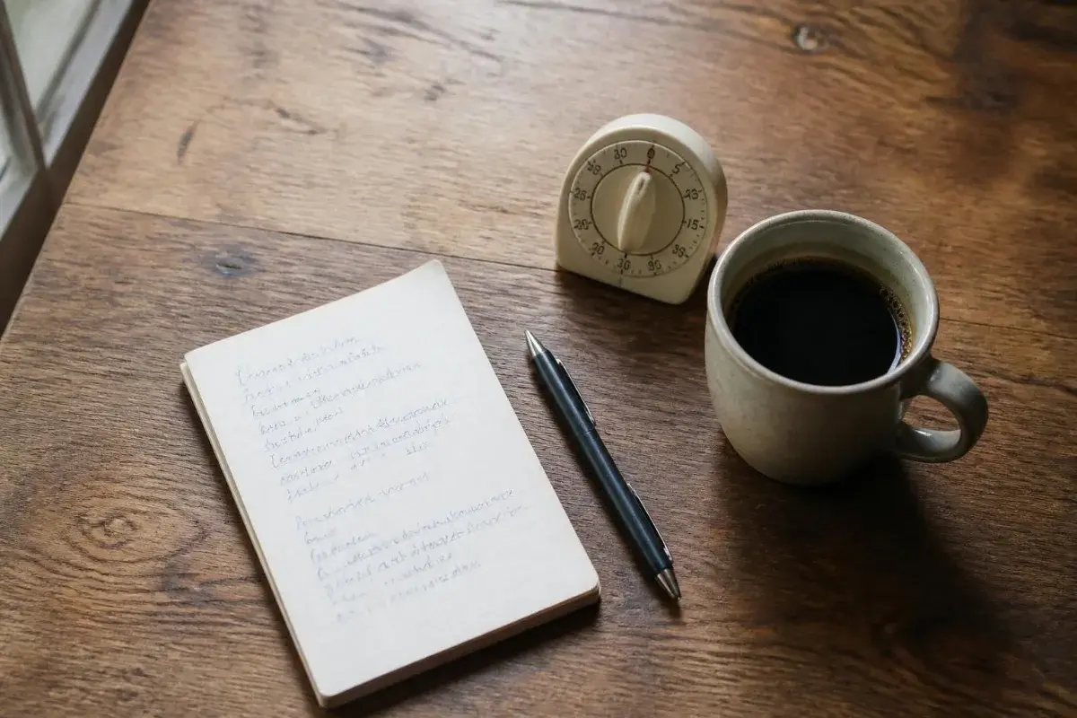 How to meditate daily: a one-line meditation journal and timer next to the morning coffee