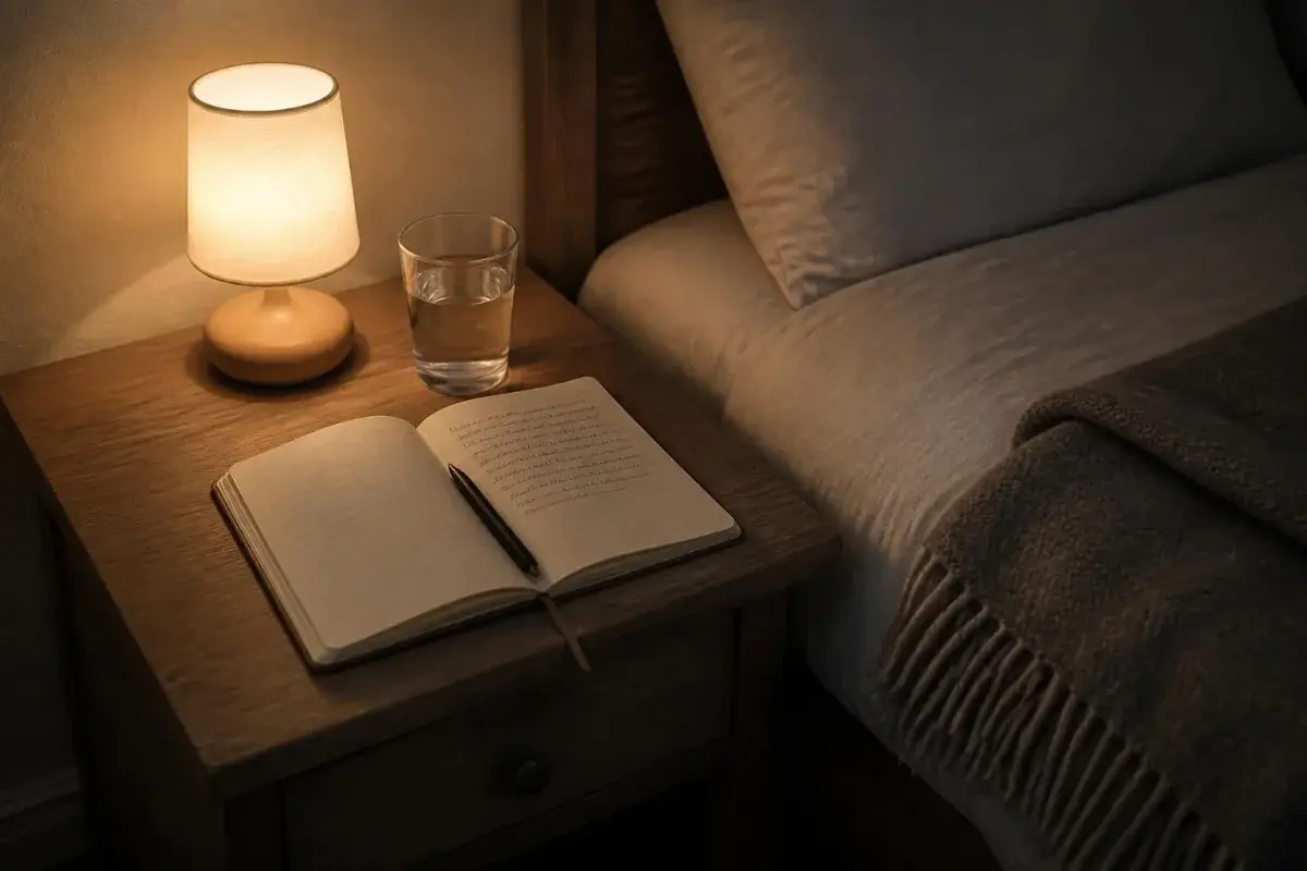 Meditation for sleep starts before bed: a brain-dump notebook on the nightstand, phone out of the room