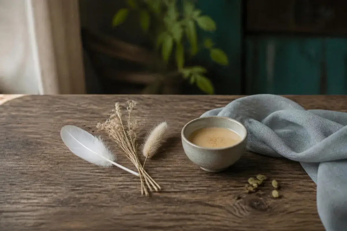 Vata dosha: a feather, dried grasses, pale linen and warm spiced milk representing air and space