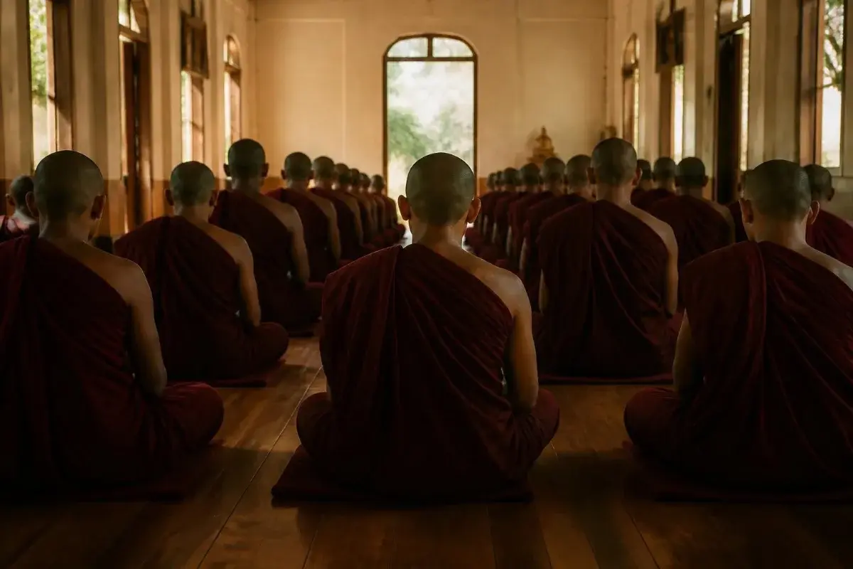 History of Vipassana meditation: monks meditating in a Theravada monastery hall in Burma (Myanmar)