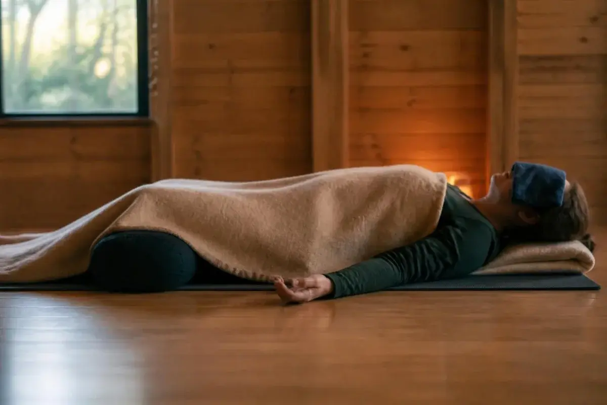 How to set up for yoga nidra: lying in savasana with a blanket, a bolster under the knees, and a cloth over the eyes