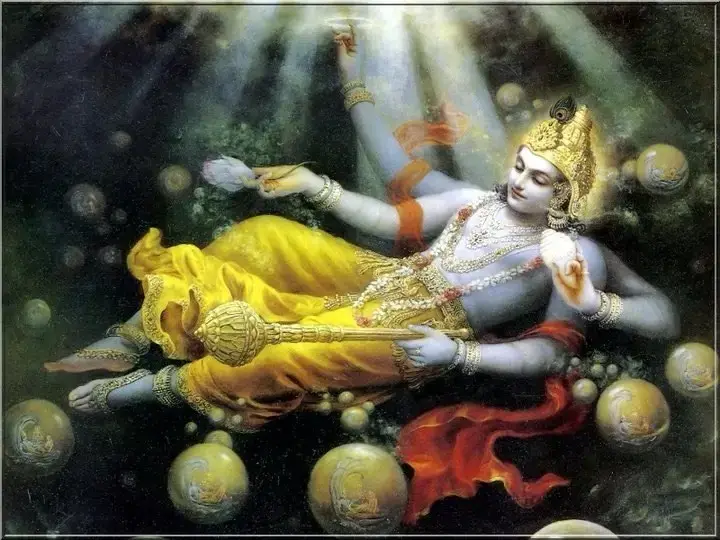 Vishnu resting in yogic sleep on the cosmic serpent, the classical image of yoga nidra
