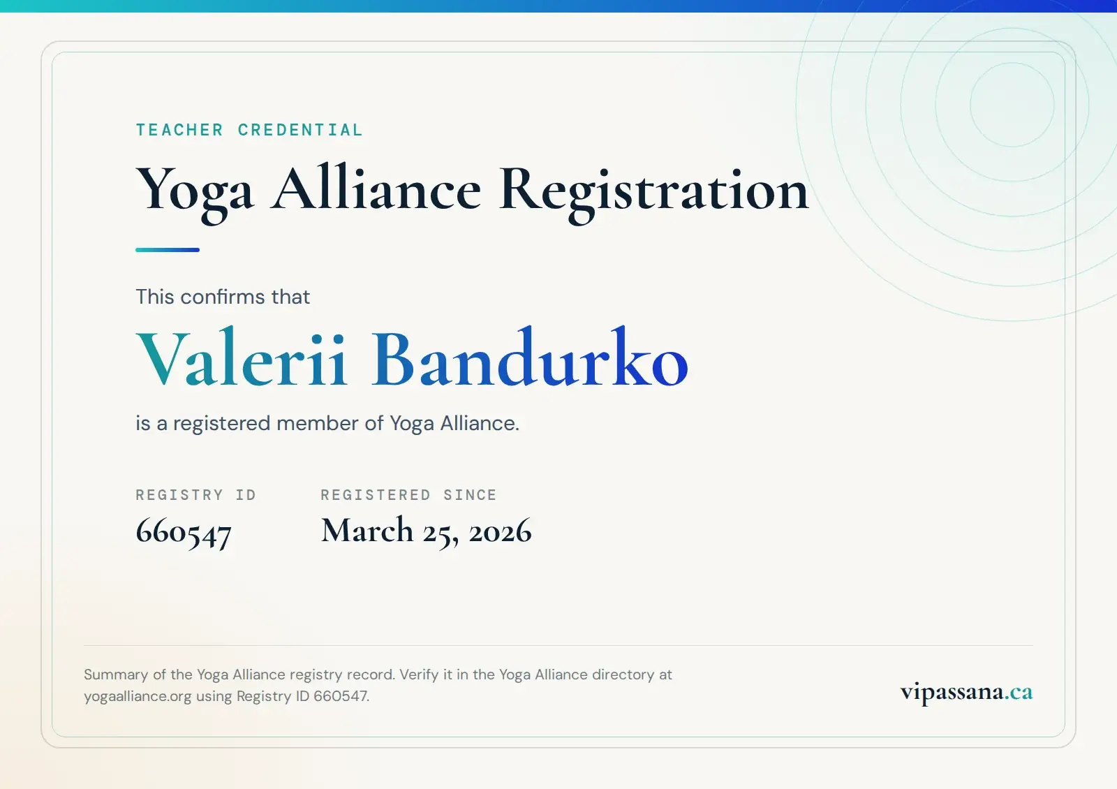 Valerii Bandurko Yoga Alliance registration, Registry ID 660547